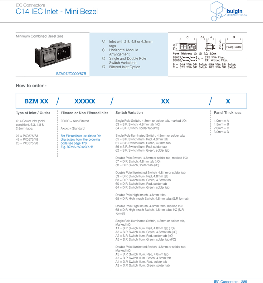 BZM27-Z0000-57B水平電源接入模塊迷你外框規格尺寸