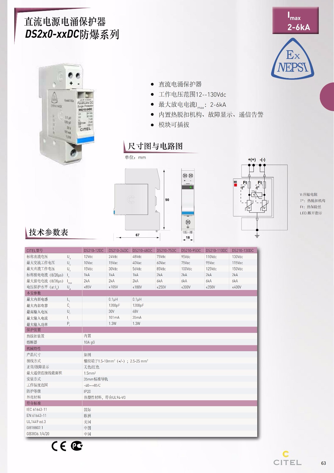 直流防雷器DS50PV-1000-30系列技術參數、規格尺寸